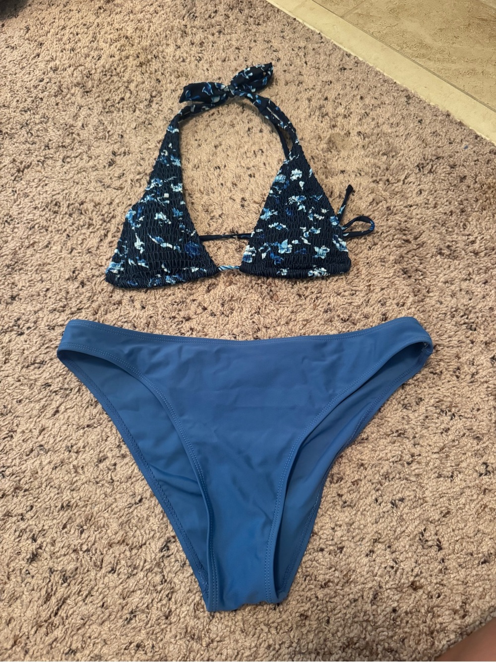 Blue Two-Piece Bikini Set - Floral Smocked Halter Top